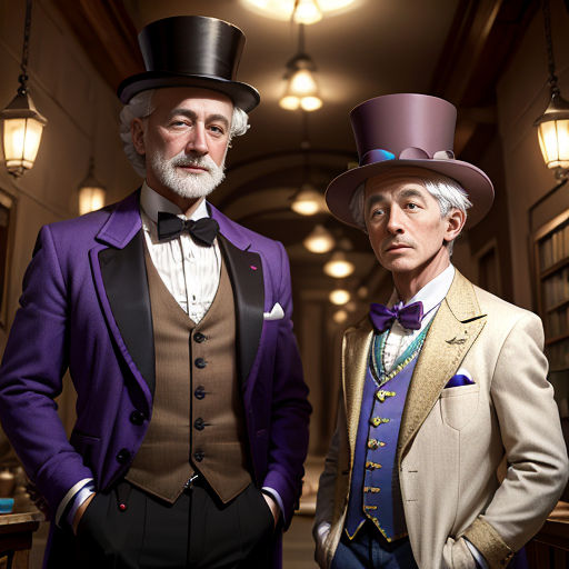 two men in suits and hats standing next to each other in a hallway with lights on the ceiling and a ceiling light