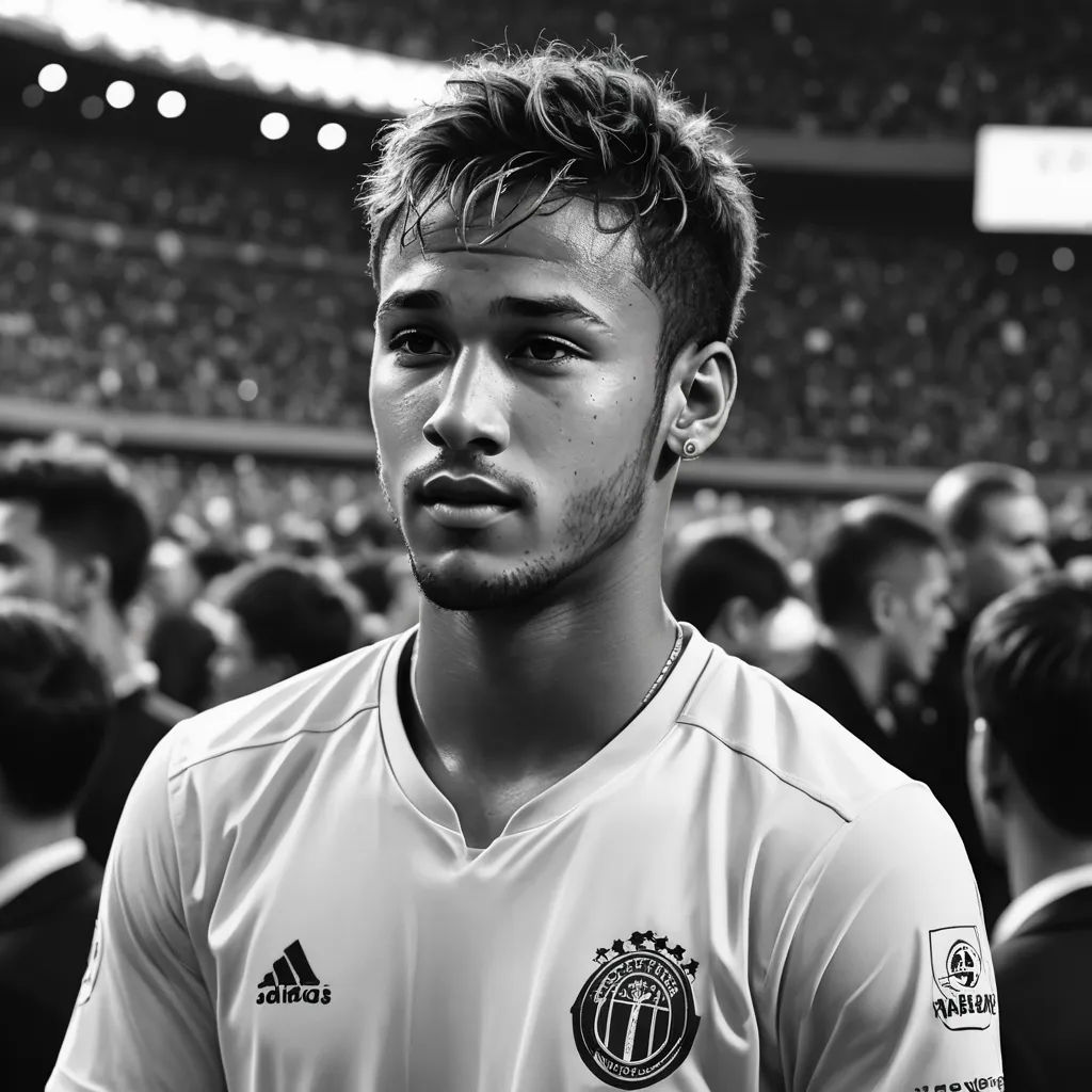 a man standing in front of a crowd of people in a stadium with a soccer ball in his hand, les nabis, a black and white photo, Emerson Silva, handsome