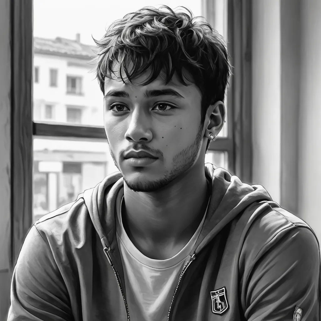 a man sitting in front of a window with a building in the background and a building across the street, digital art, a photorealistic painting, Daniel Lieske, photorealistic portrait
