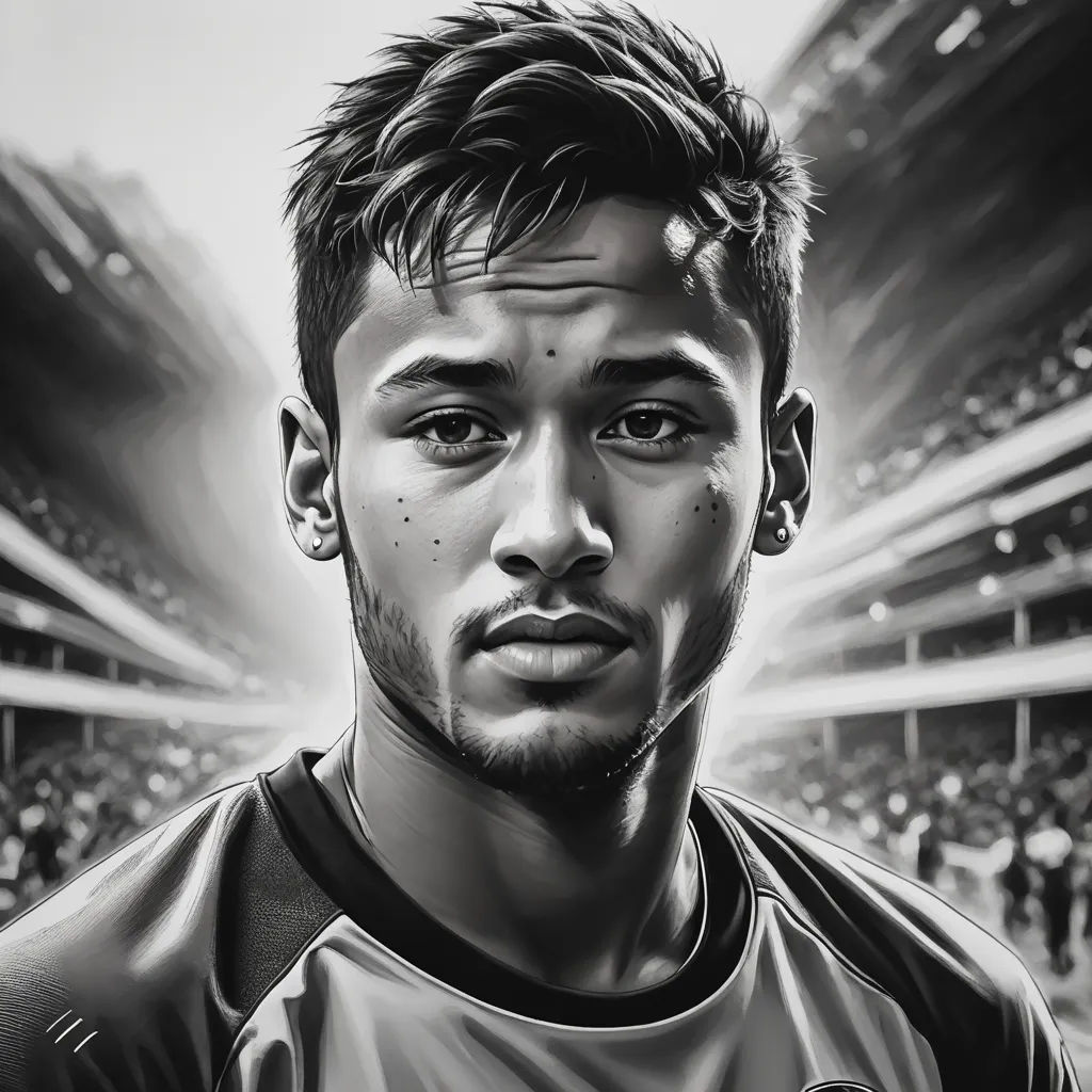 a black and white photo of a man in a soccer uniform with a stadium in the background and a stadium full of people, digital art, a digital painting, Emerson Silva, highly detailed digital painting