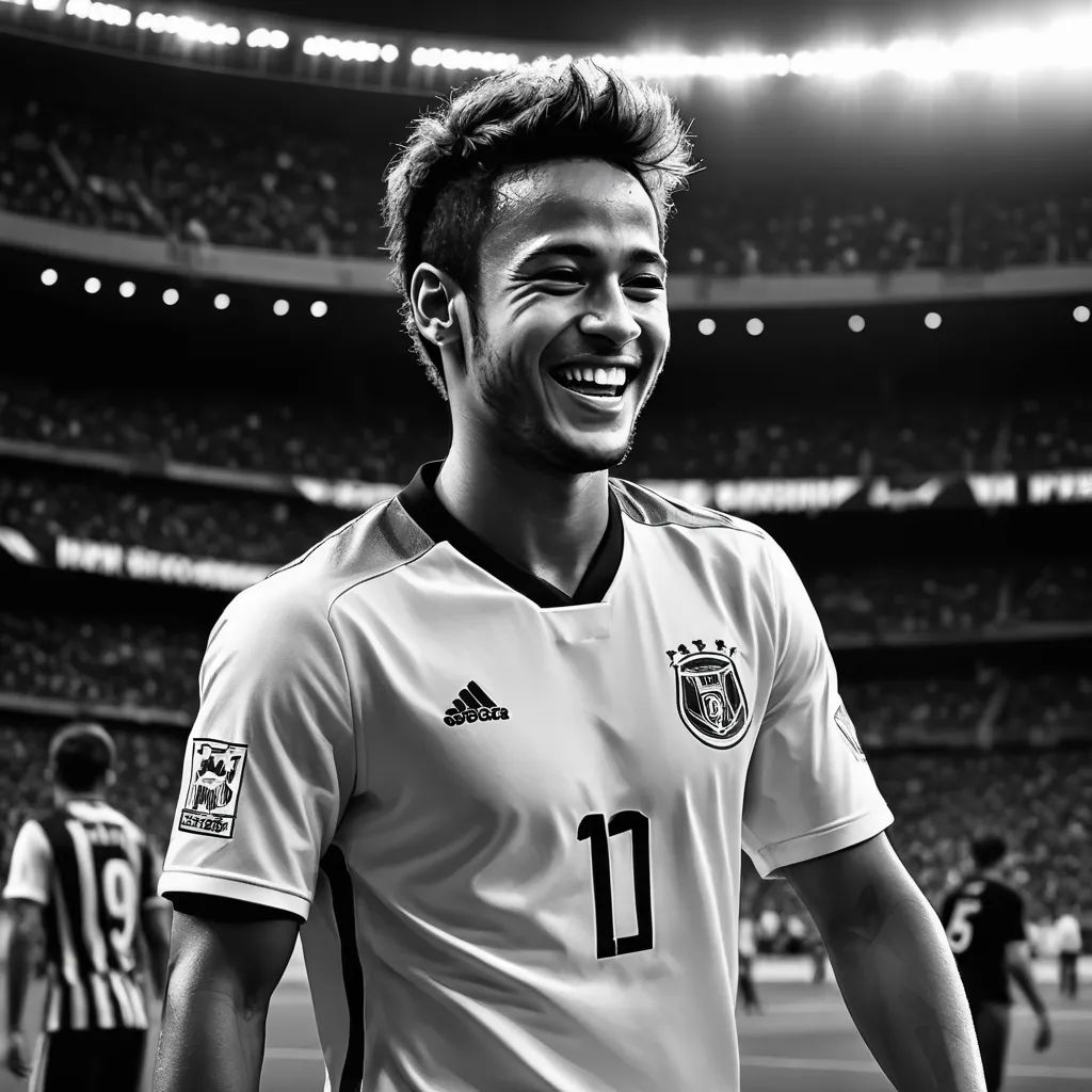 a man in a soccer uniform is smiling at the camera while standing in a stadium with a crowd of people, plasticien, a black and white photo, Carles Delclaux Is, future