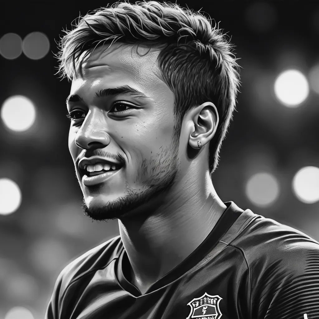 a black and white photo of a man smiling at the camera with lights in the background and a blurry background, photorealism, a digital painting, Emerson Silva, ultra realistic illustration