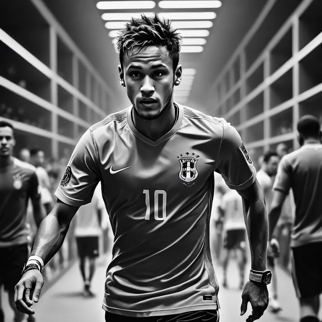 a man in a soccer uniform is running in a locker room with other men in the background and a spotlight overhead, les nabis, a black and white photo, Americo Makk, behance hd
