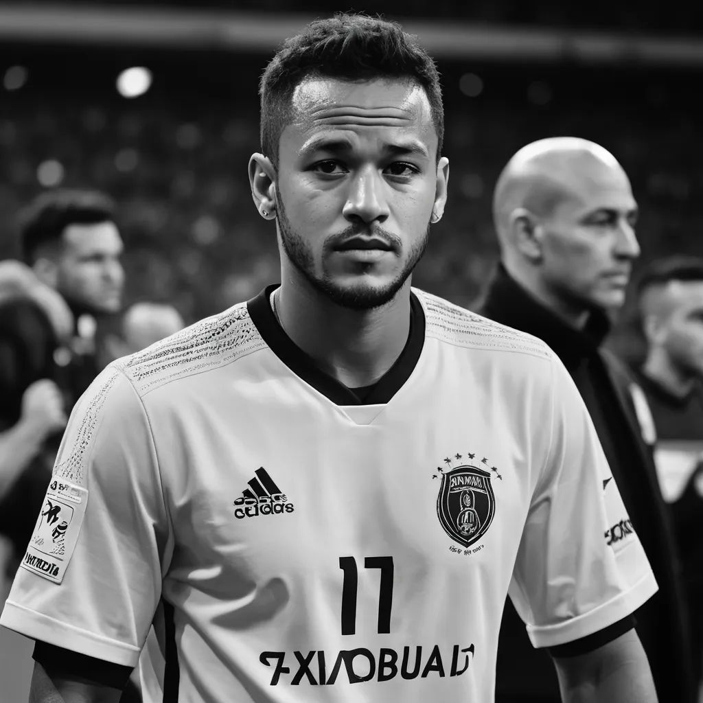 a man standing in front of a crowd of people wearing soccer uniforms and looking at the camera with a serious look on his face, cubo-futurism, a black and white photo, Emerson Silva, dark mood