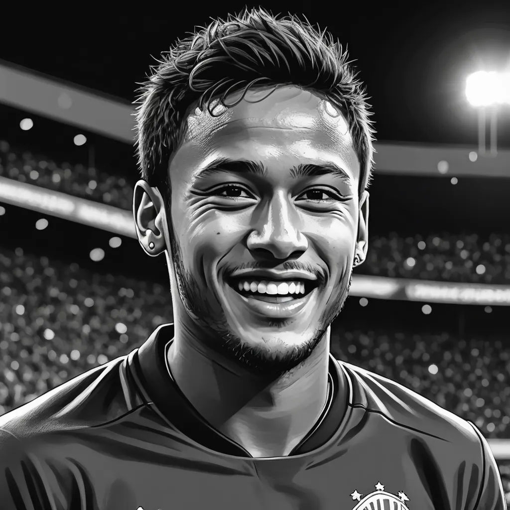a black and white photo of a soccer player smiling at the camera with a stadium in the background with a stadium full of people, digital art, a digital painting, Abidin Dino, highly detailed digital painting