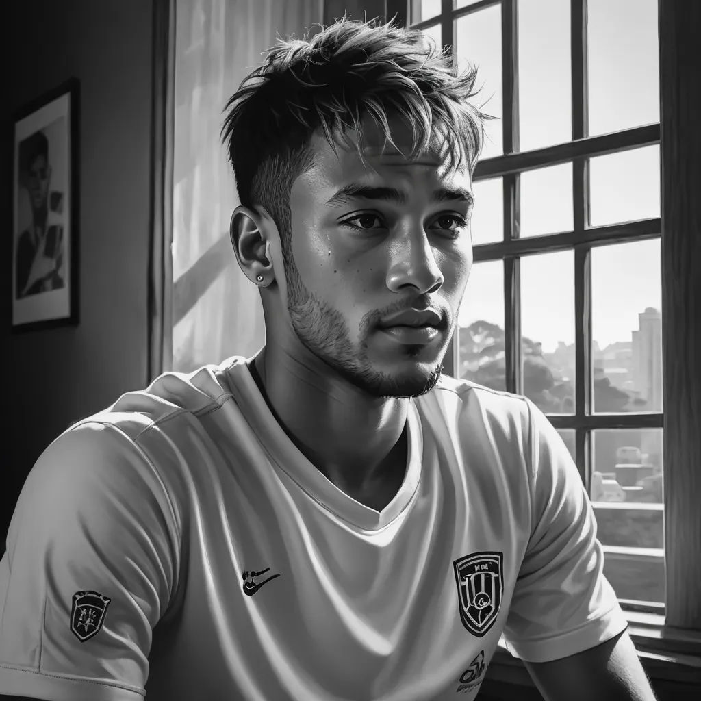 a man sitting in front of a window with a soccer jersey on and a soccer ball in his hand, hyperrealism, a hyperrealistic painting, Emiliano Ponzi, ultra realistic digital art