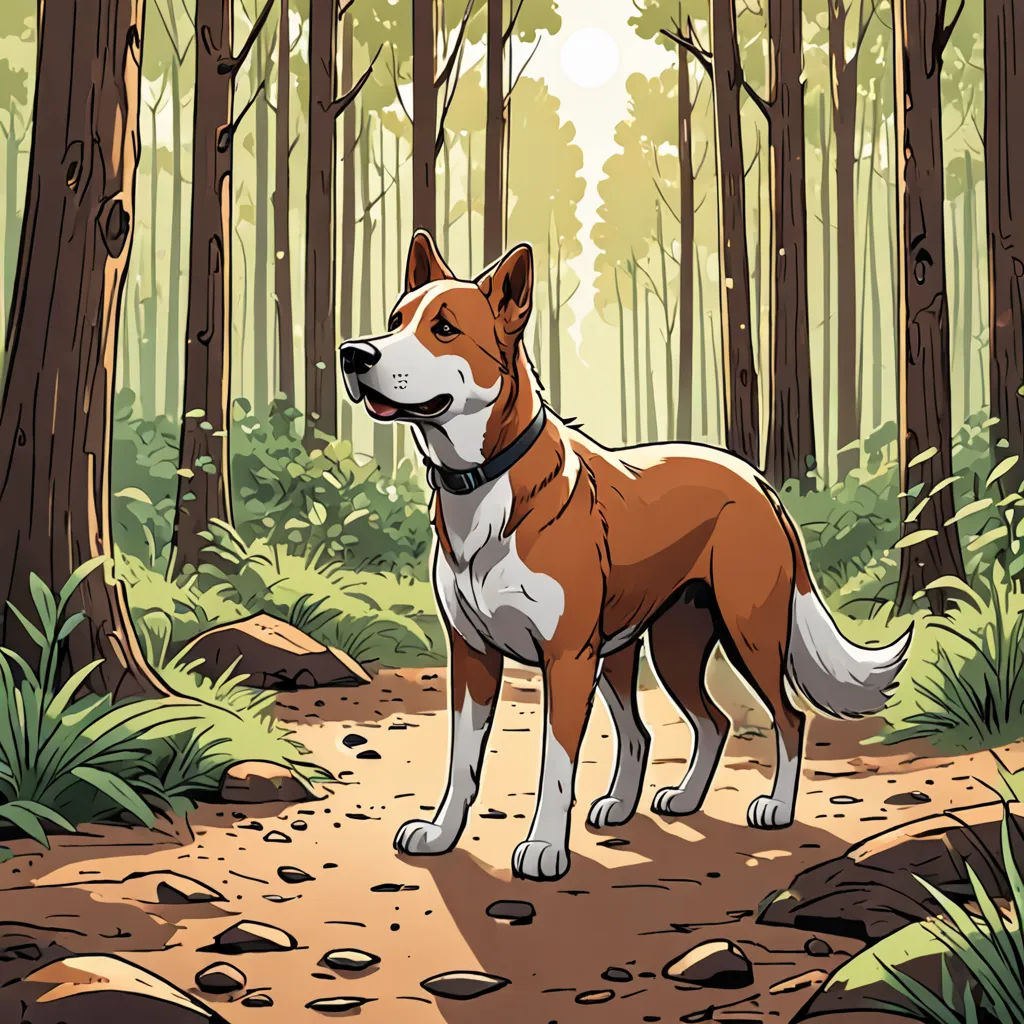 a dog standing on a dirt path in the woods with trees and rocks around it, looking up at the sky, a character portrait, comic cover art, furry art, Asaf Hanuka