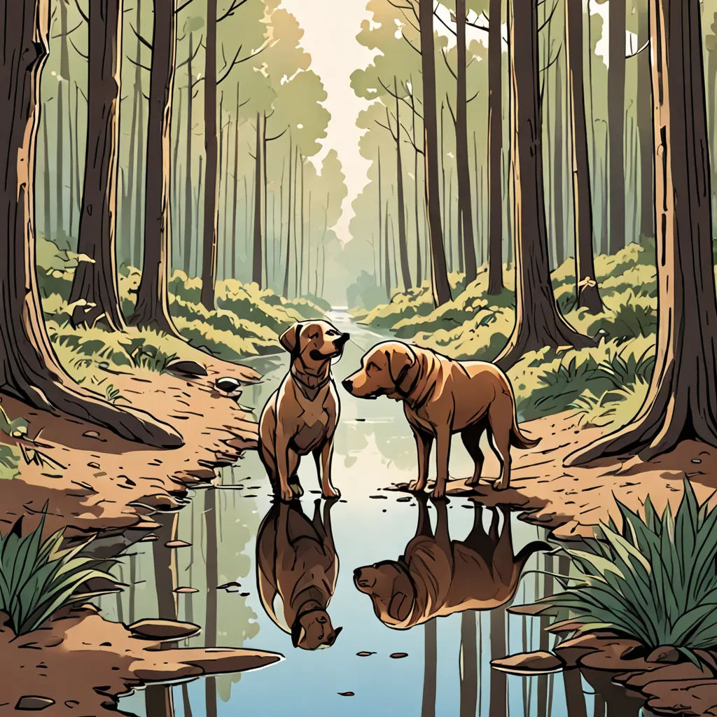 two dogs are standing in the woods by a pond of water and trees, one is looking at the other, a storybook illustration, laurie greasley, furry art, Dan Mumford