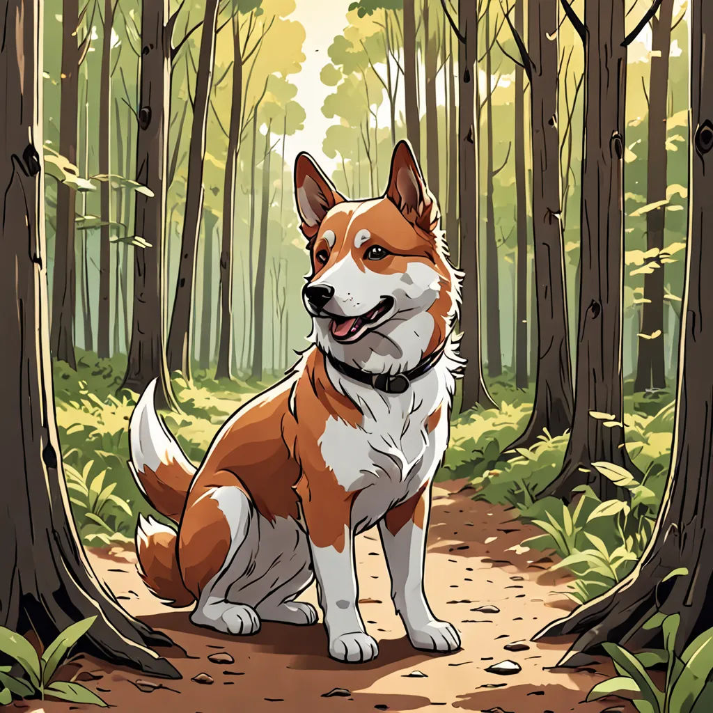 a dog sitting in the middle of a forest with trees and leaves on the ground and a path leading to it, a character portrait, official art, furry art, Asaf Hanuka