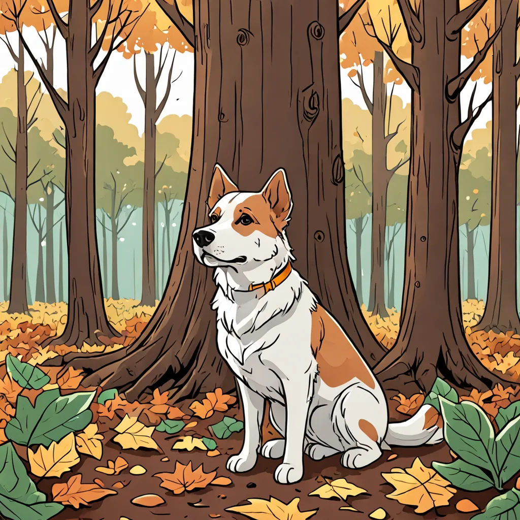 a dog sitting in the leaves in a forest with a tree in the background and a dog sitting in the leaves, a storybook illustration, storybook illustration, context art, Asaf Hanuka