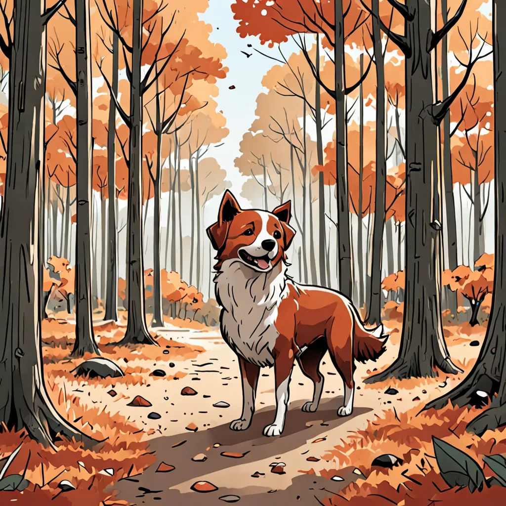 a dog standing in the middle of a forest with trees and leaves on the ground and a path with leaves on the ground, a storybook illustration, storybook illustration, furry art, Asaf Hanuka