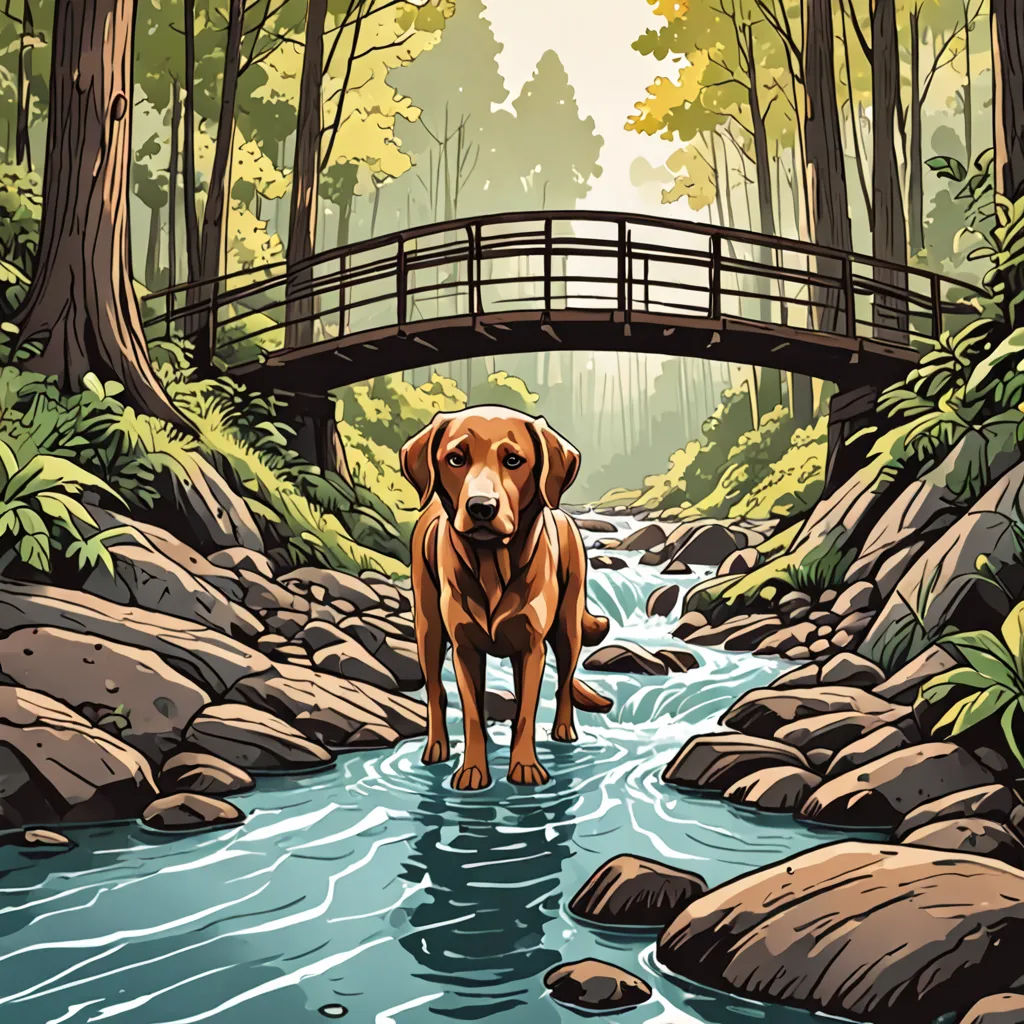 a dog standing in a river under a bridge in the woods with rocks and trees around it, with a bridge in the background, a storybook illustration, josan gonzales and dan mumford, environmental art, Dan Mumford