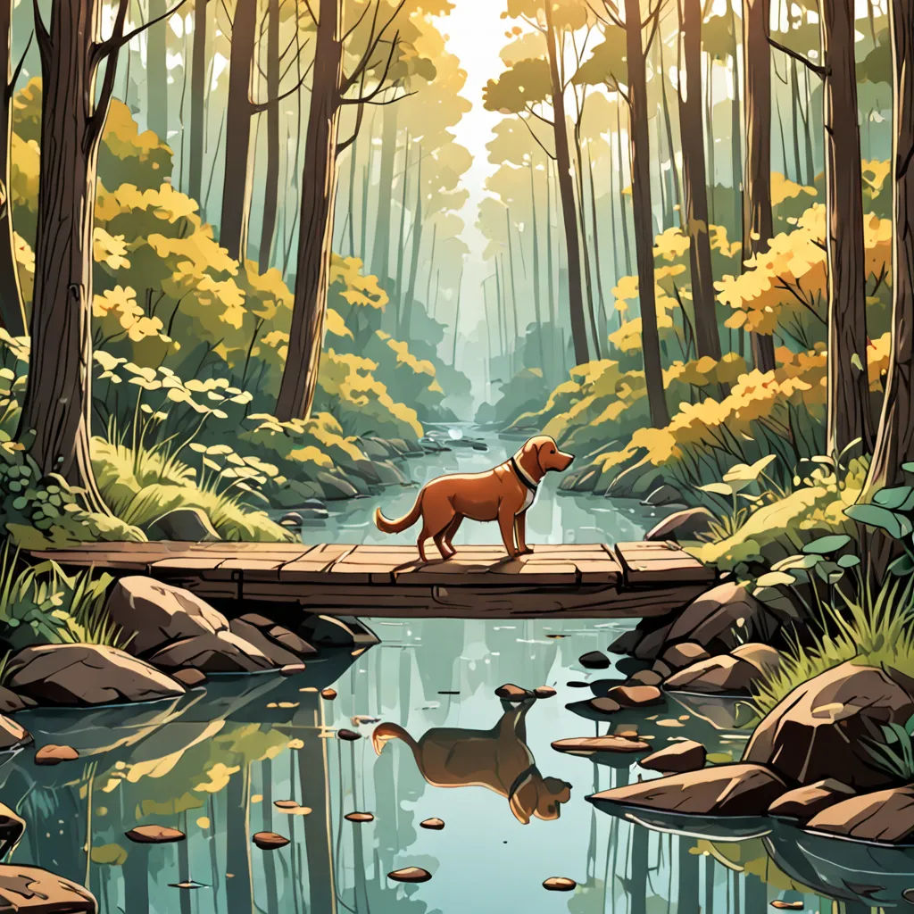 a dog is walking across a bridge over a river in a forest with rocks and trees on either side, a storybook illustration, rossdraws global illumination, environmental art, Chris LaBrooy