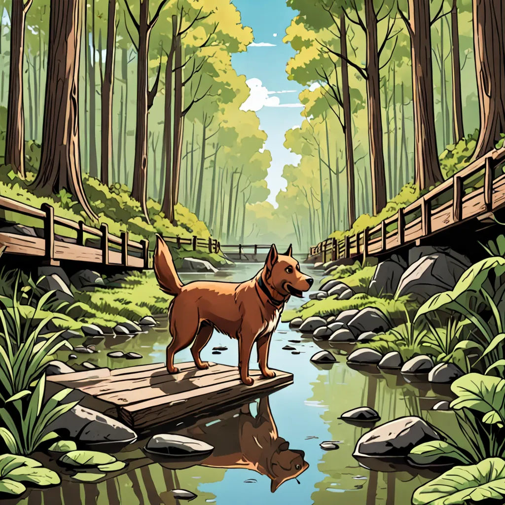 a dog standing on a wooden bridge over a river in a forest with a bridge over the water and a forest with trees, a storybook illustration, storybook illustration, environmental art, Dan Mumford