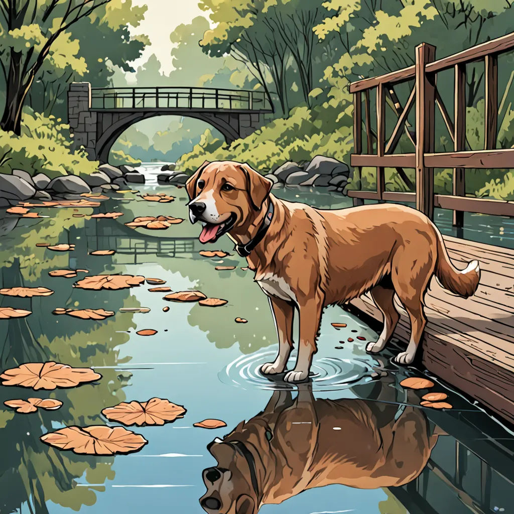 a dog standing on a bridge over a river with leaves on the ground and a bridge in the background, a comic book panel, comic cover art, american scene painting, Dan Mumford