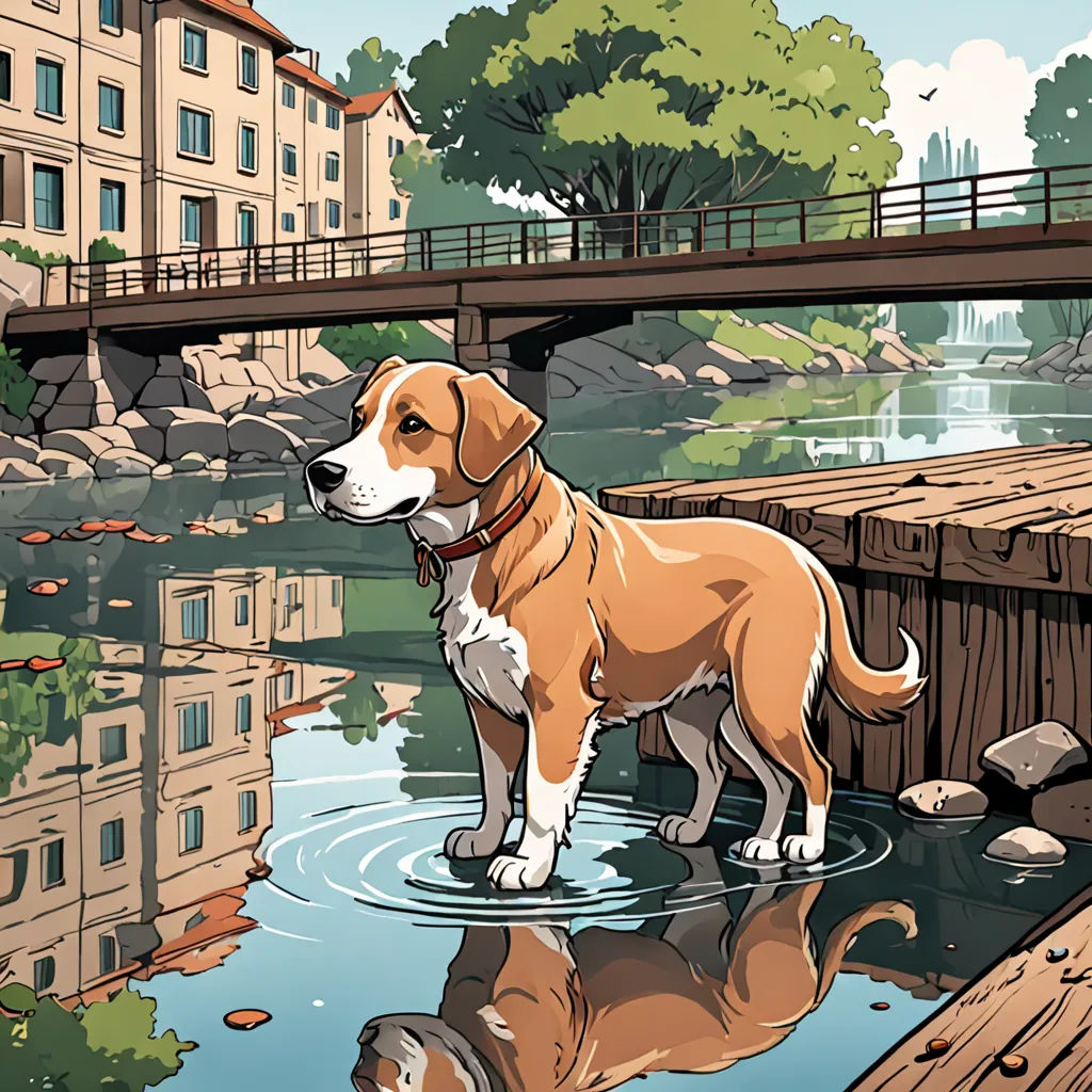 a dog standing in a river next to a bridge and buildings with a reflection of it in the water, a comic book panel, comic cover art, environmental art, Asaf Hanuka