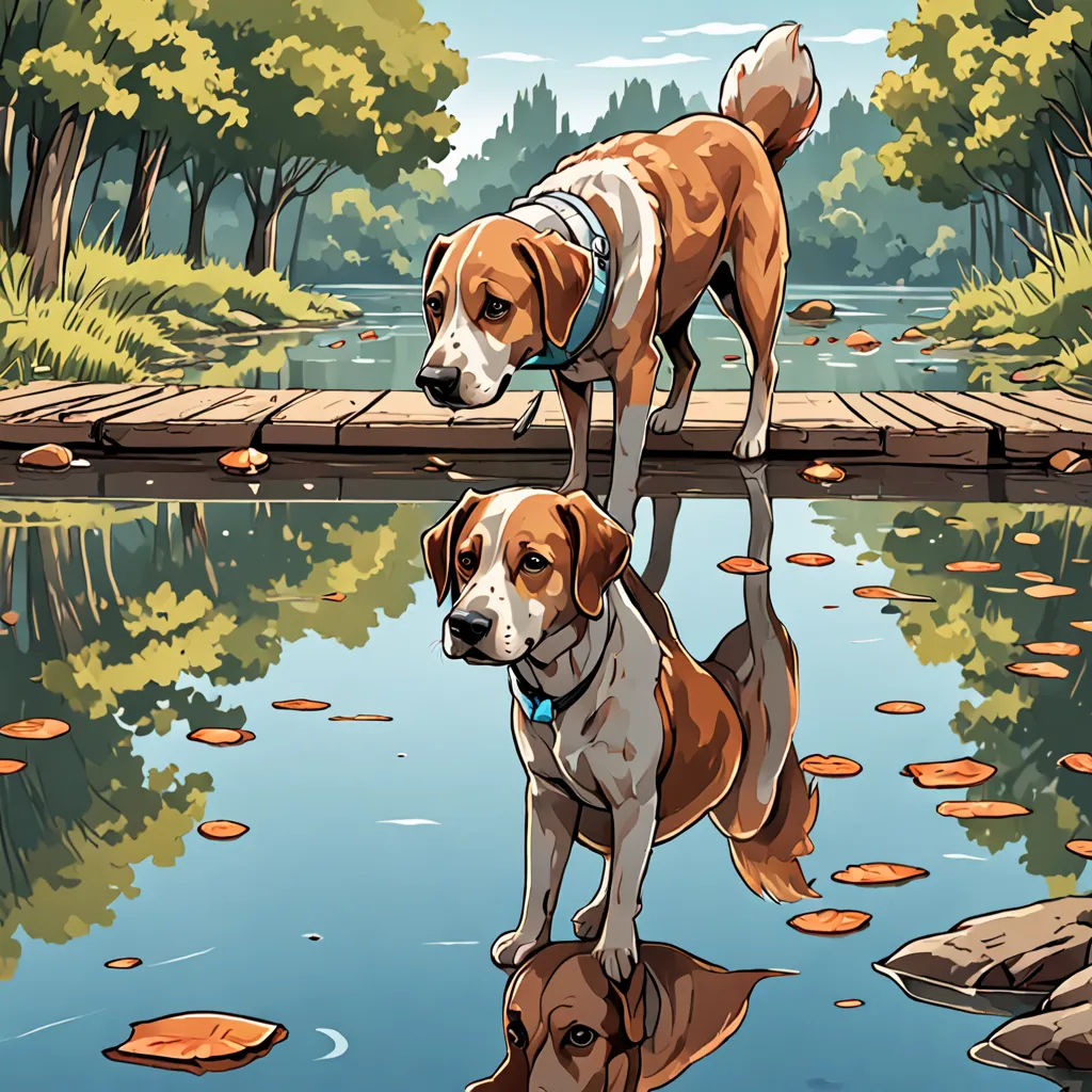 two dogs are standing on a dock near a pond of water and leaves, with a reflection of them in the water, a storybook illustration, detailed illustration, serial art, Dan Mumford