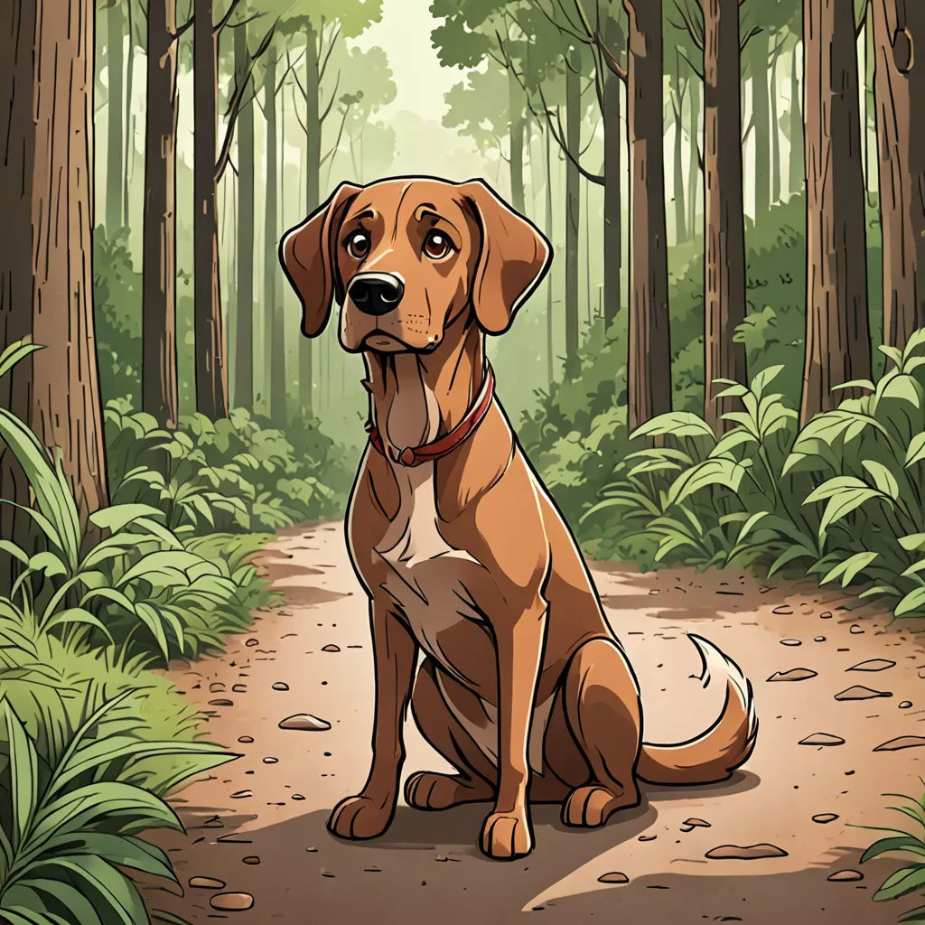 a dog sitting on a path in the woods with a forest background and trees around it, with a dog sitting on the path, a comic book panel, comic cover art, serial art, David Brewster