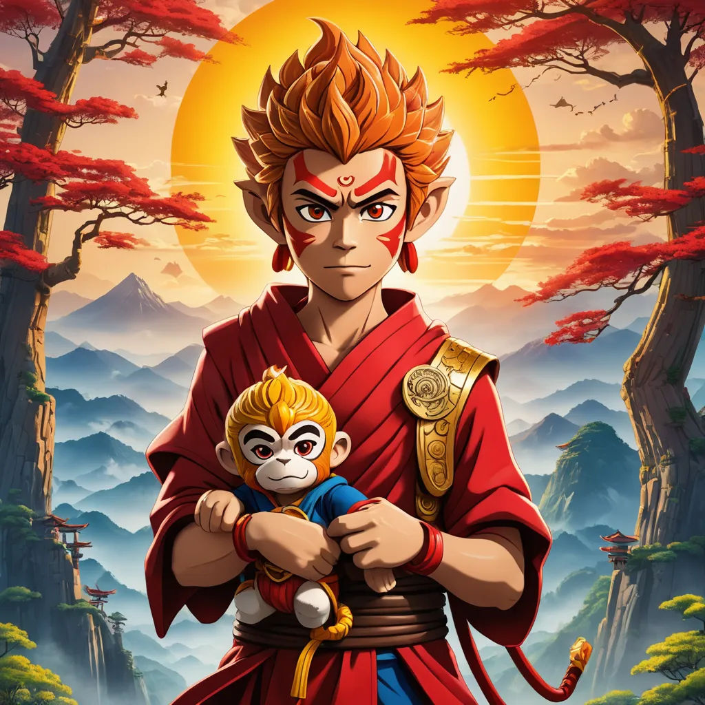 a monkey and a monkey in a cartoon style with a background of mountains and trees and a sun behind him, sots art, poster art, Du Jin, promotional image