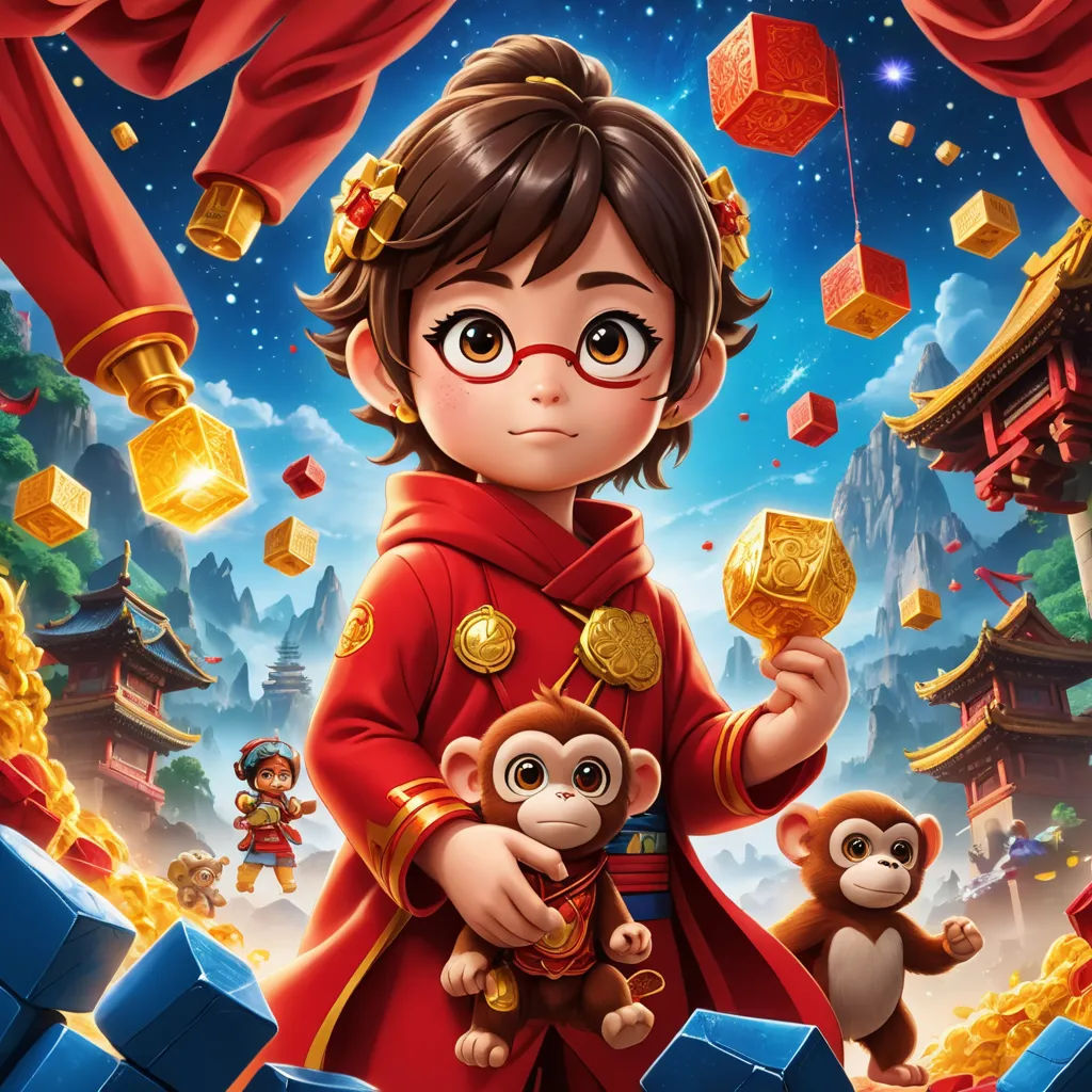 a little girl holding a monkey and a gold coin in front of a chinese landscape with red curtains and a red curtain, cloisonnism, a painting, Chen Lin, key art