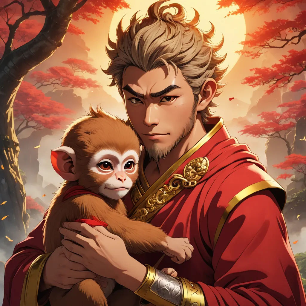 a man holding a monkey in a red outfit in a forest with trees and a full moon in the background, sots art, a character portrait, Dai Jin, official art