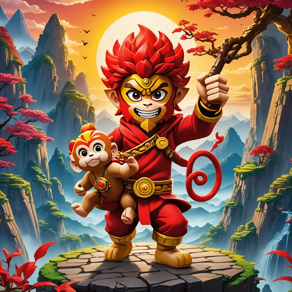 a cartoon character holding a monkey and a monkey on a cliff with a sunset in the background and a mountain landscape, sots art, poster art, Du Jin, promotional image