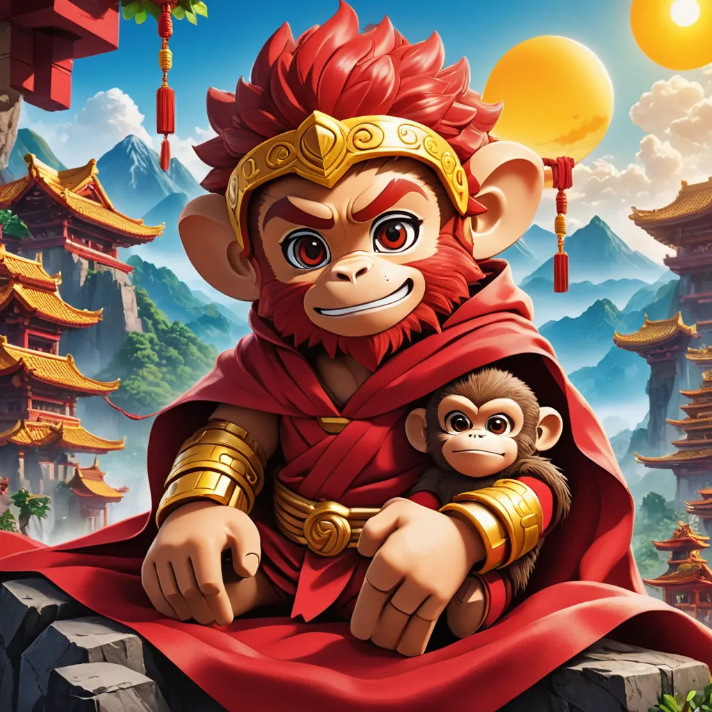 a monkey with a red cape and a monkey in a red cape sitting on a rock with a mountain in the background, sots art, a character portrait, Du Jin, key art