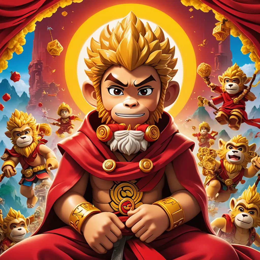 a monkey with a crown on sitting in front of a circus scene with monkeys and monkeys around him,, sots art, poster art, Du Jin, key art