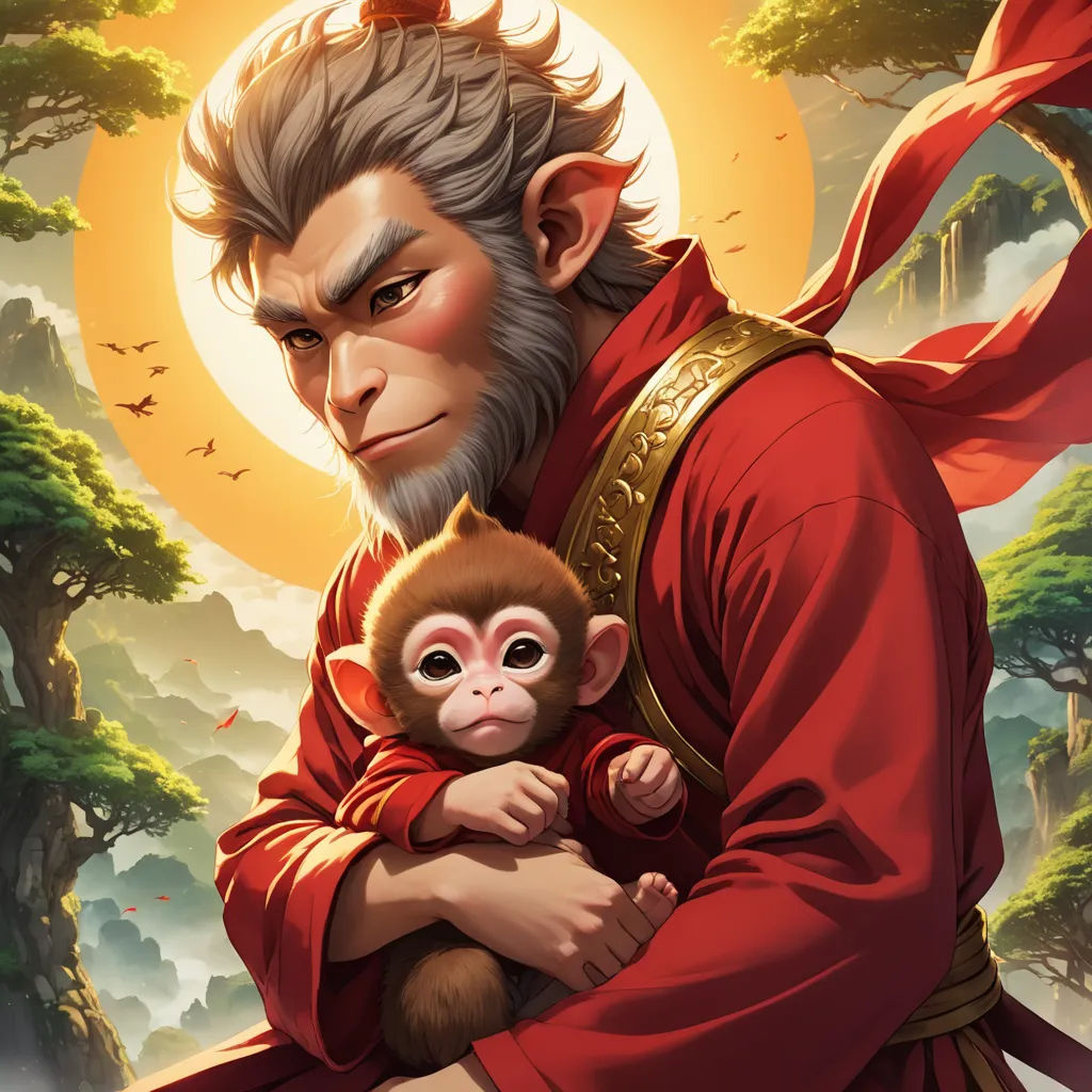 a monkey holding a monkey in its arms in front of a full moon and trees with a man in the background, furry art, a painting, Du Jin, league of legends splash art