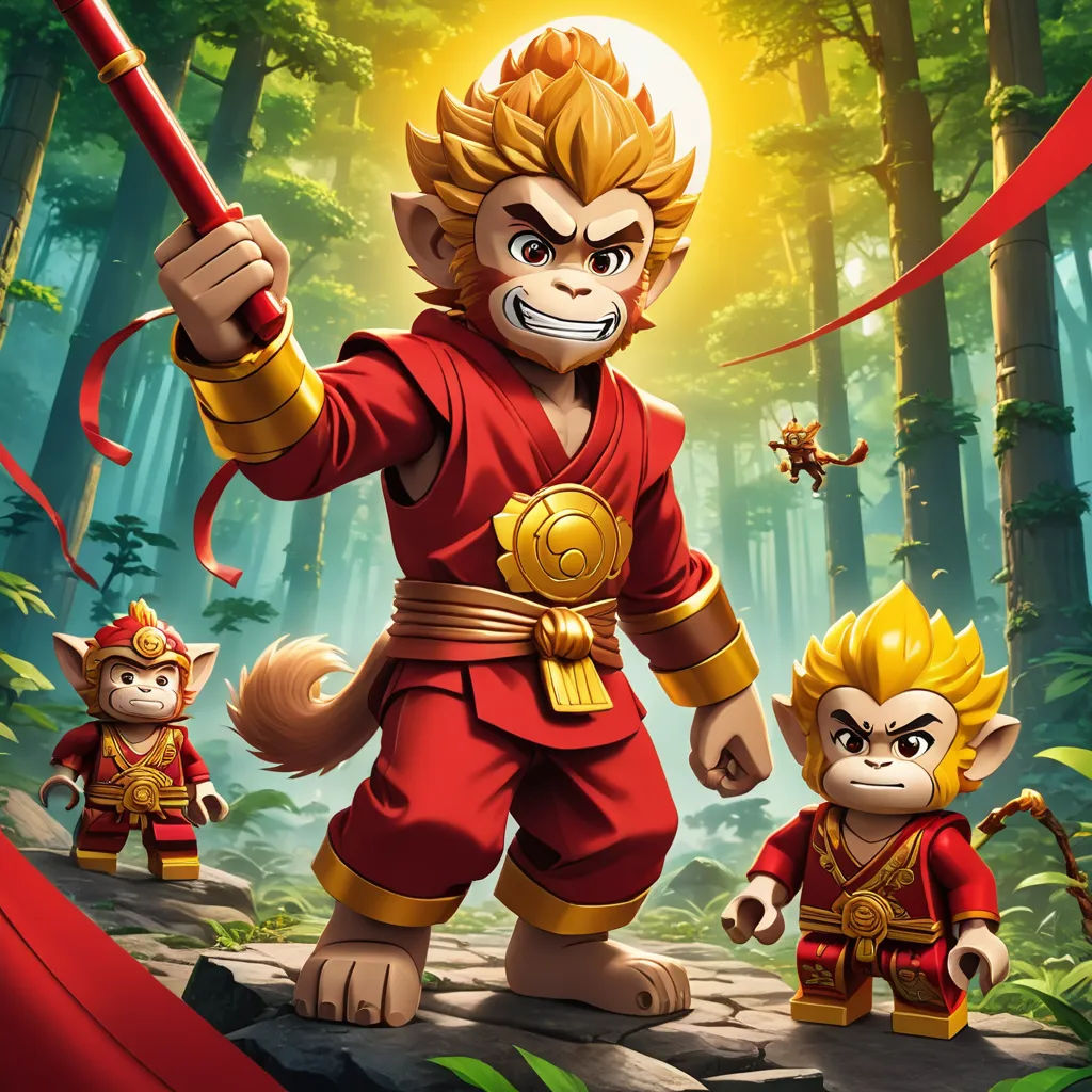 a cartoon of a monkey with a sword and two other animals in the background, with a red ribbon, sots art, poster art, Du Jin, key art