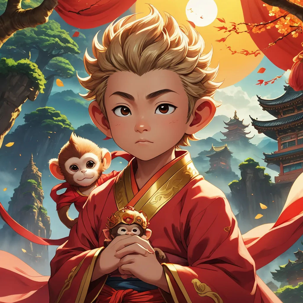a boy in a red kimono holding a monkey in front of a forest with a monkey on his shoulder, fantasy art, a character portrait, Du Jin, rossdraws global illumination
