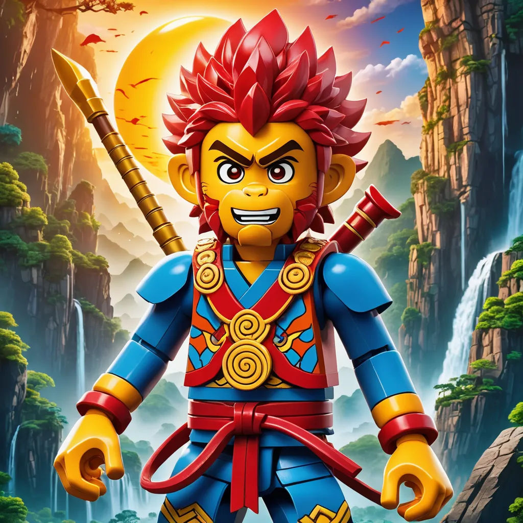 a lego character with a sword in a jungle setting with a waterfall in the background and a mountain in the background, dau-al-set, a character portrait, Du Jin, key art