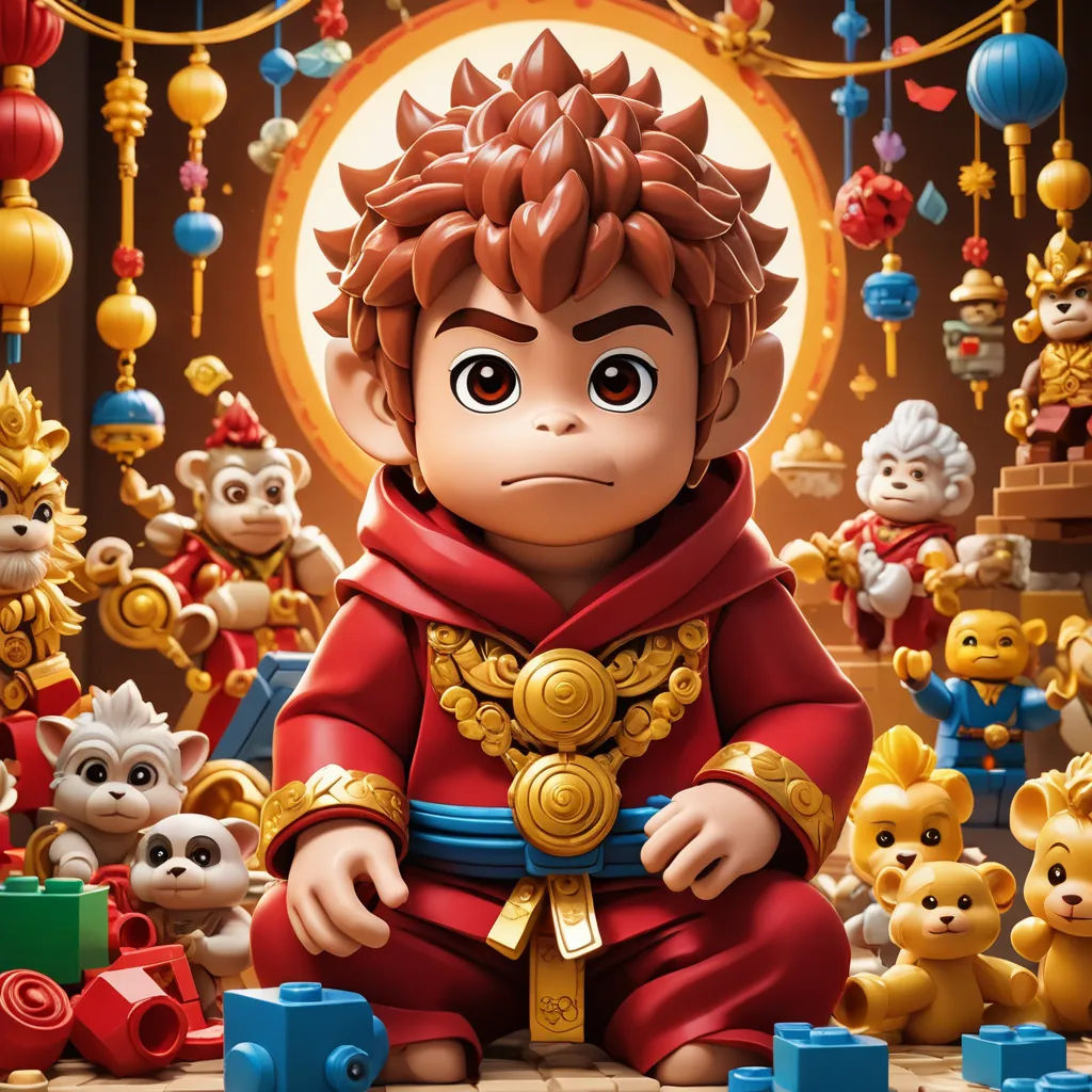 a cartoon character surrounded by toys and toys in a room with a clock and a monkey on the wall, pixel art, poster art, Du Jin, key art