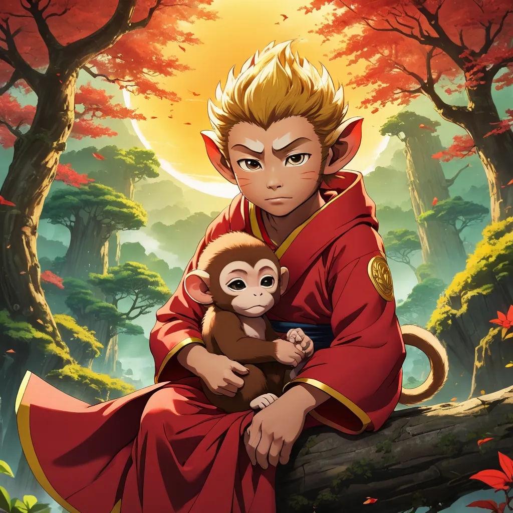 a monkey and a man in a red outfit sitting on a tree branch in a forest with a sun in the background, sots art, a character portrait, Du Jin, official art