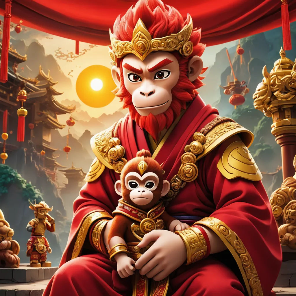 a monkey dressed in a red outfit holding a monkey in a chinese temple with a red curtain and red curtains, furry art, poster art, Du Jin, key art