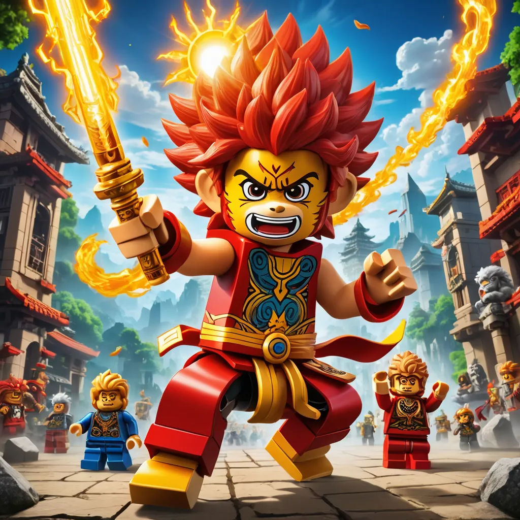 a lego character with a sword and fire on his head, in front of a cityscape with buildings and trees, sots art, concept art, Du Jin, key art