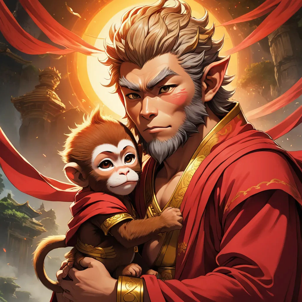 a monkey and a monkey in a red robe are hugging each other in front of a sun and a castle, furry art, a character portrait, Dai Jin, splash art