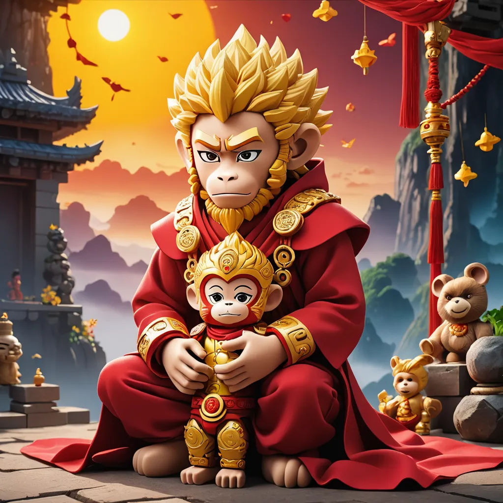 a monkey and a monkey in a red outfit sitting on a stone floor with a red curtain and a red curtain behind it, sots art, poster art, Dai Jin, key art