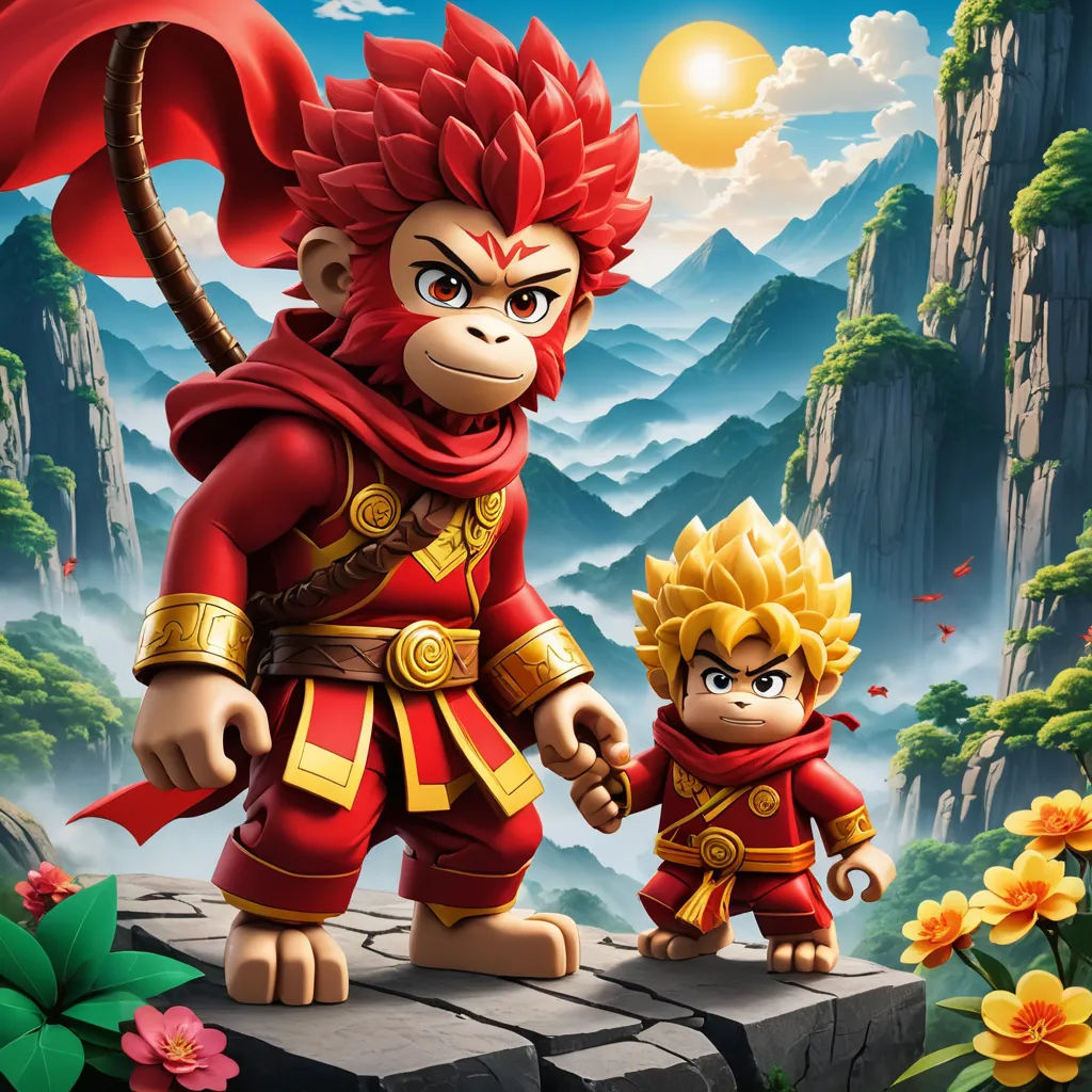 a monkey and a monkey in a cartoon style with a mountain background and flowers in the foreground, and a monkey holding a red umbrella, sots art, concept art, Du Jin, promotional image