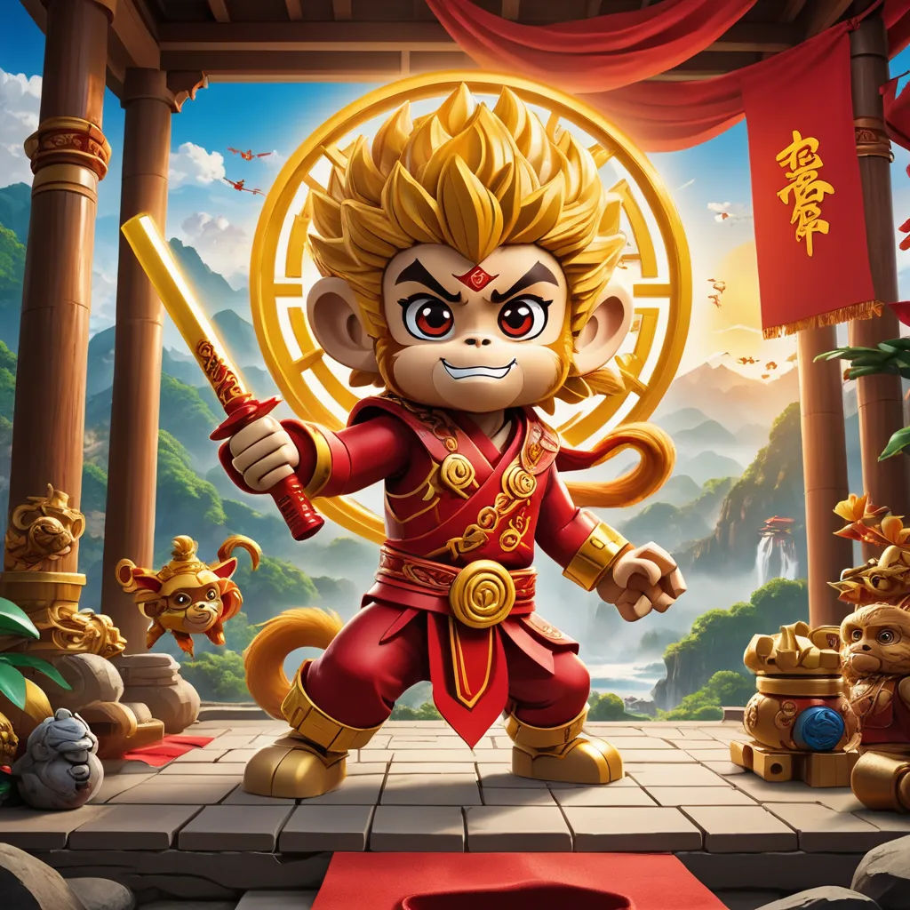 a monkey with a sword in a chinese temple with a monkey on the ground and a monkey on the ground, sots art, poster art, Du Jin, promotional image