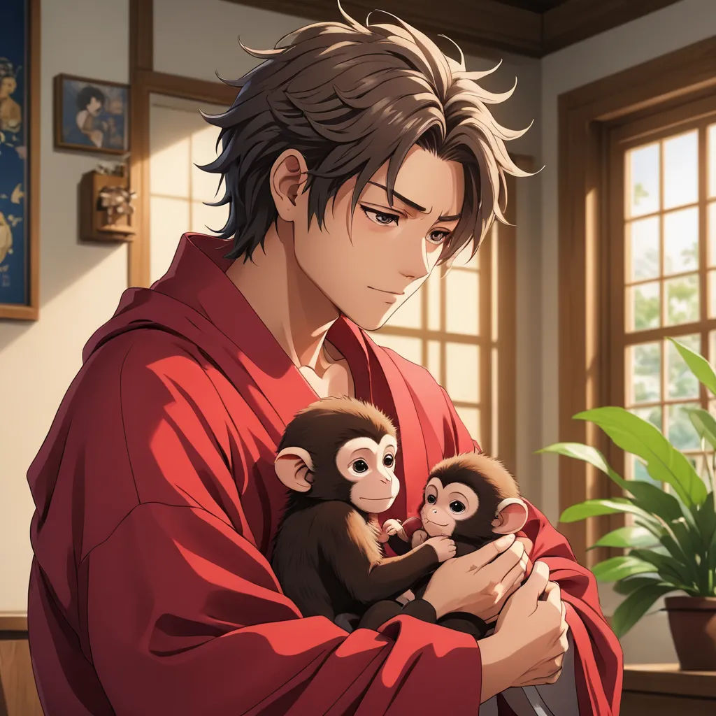 a man holding a monkey and a monkey cub in his arms in front of a window with a potted plant, sots art, a renaissance painting, Adam Manyoki, official art