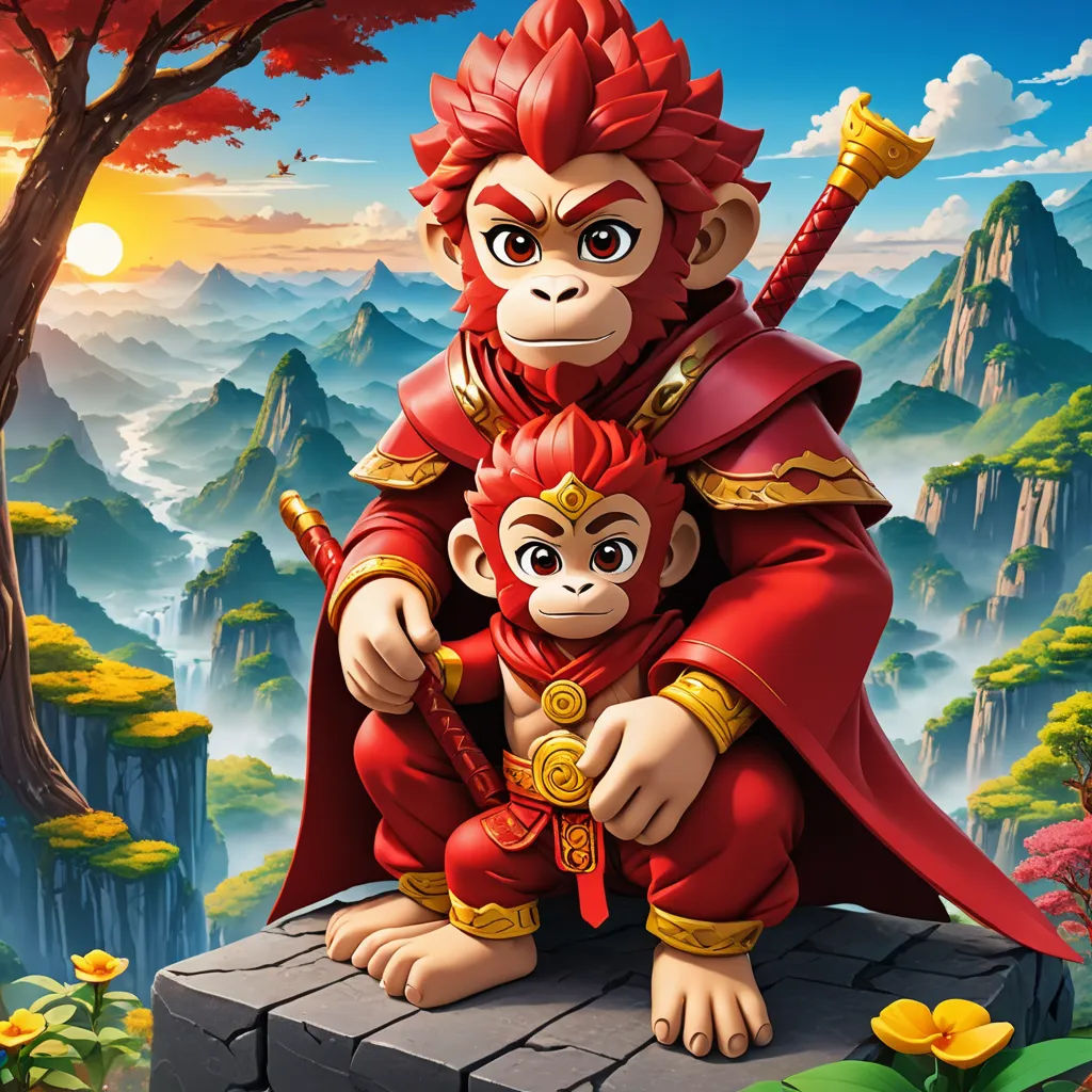a monkey and a monkey in a cartoon style with a mountain background and a tree in the background with a sun, sots art, poster art, Du Jin, key art