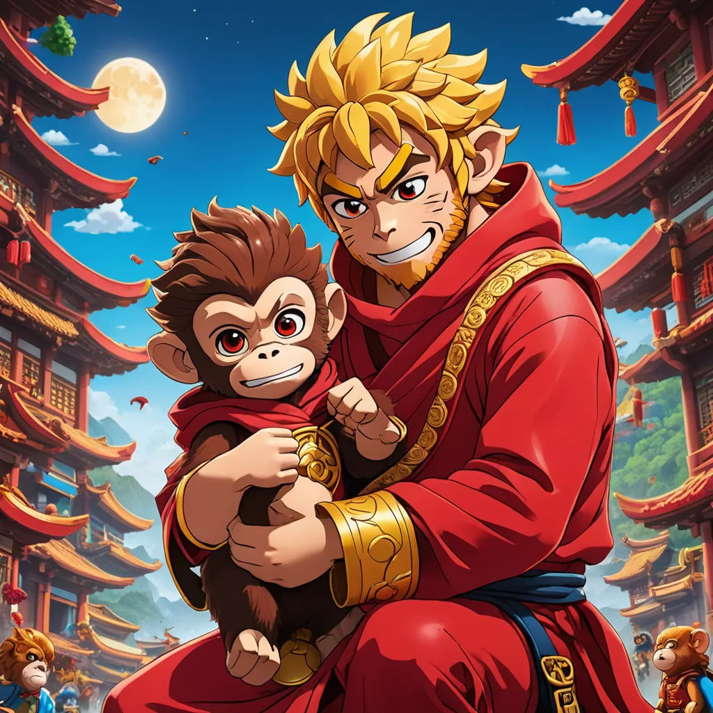 a monkey and a monkey in a red outfit are hugging in front of a chinese temple with a full moon in the background, dau-al-set, poster art, Du Jin, official art