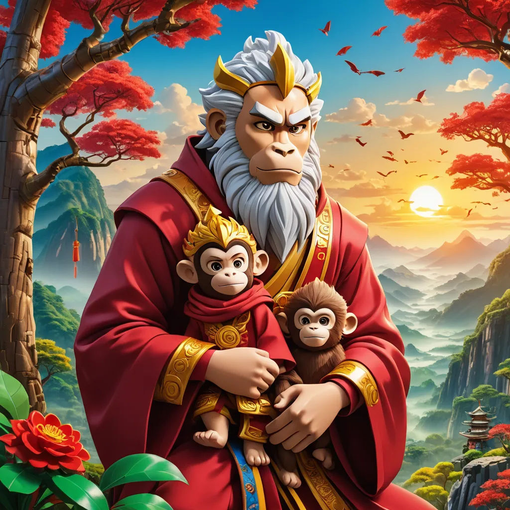 a monkey and a monkey in a red outfit are holding each other in front of a mountain landscape with red flowers, sots art, poster art, Emperor Huizong of Song, promotional image