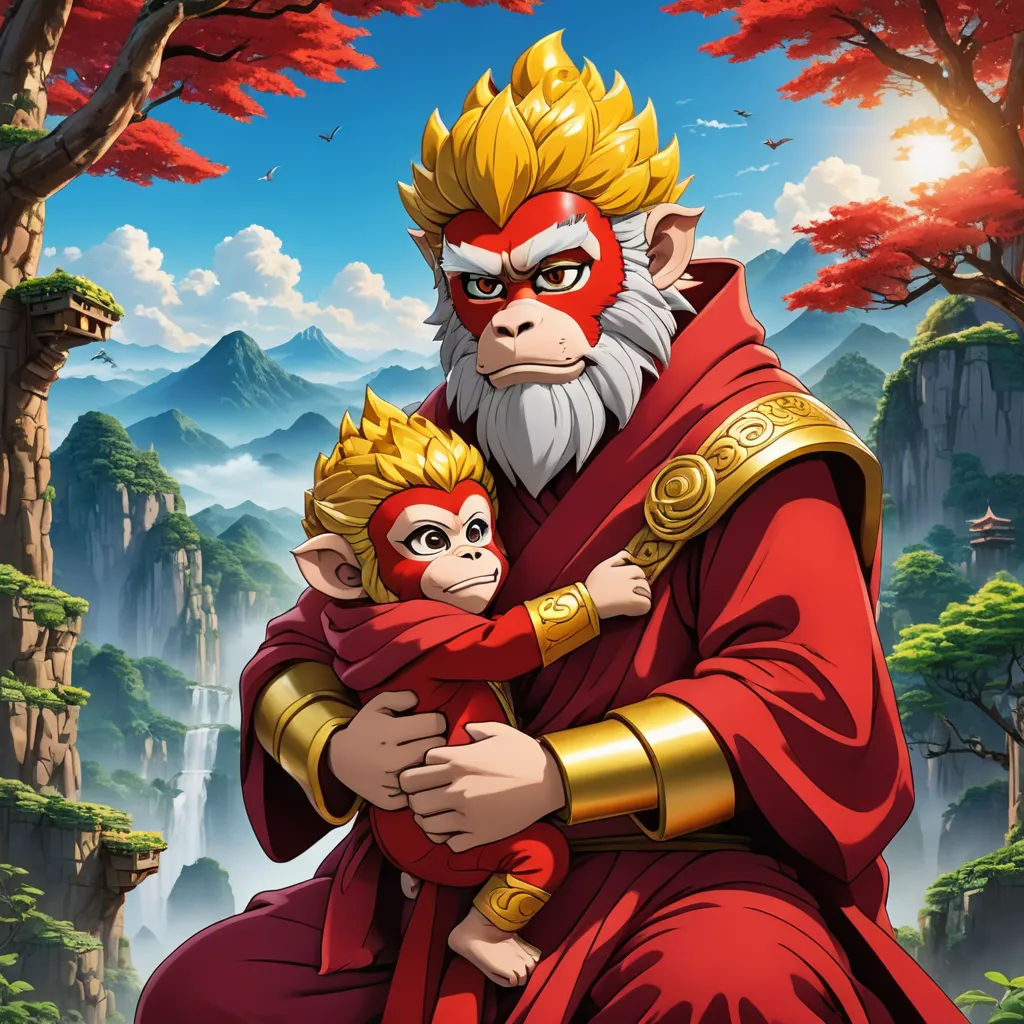 a monkey with a red cape and a monkey with a red cape on his head and a monkey with a red cape on his shoulder, sots art, a character portrait, Du Jin, official art