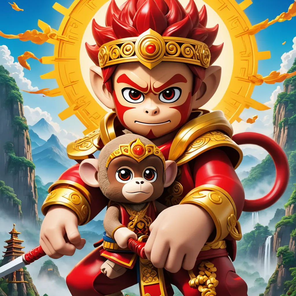a monkey and a monkey in a cartoon style with a sun in the background and a monkey holding a monkey, sots art, poster art, Du Jin, key art