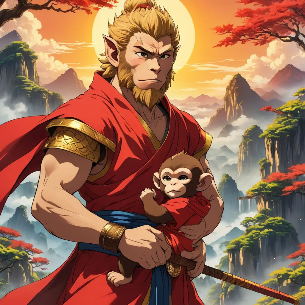 a monkey holding a monkey in his arms in front of a mountain landscape with trees and a sun in the background, furry art, poster art, Dai Jin, official art