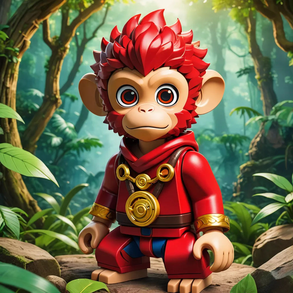 a monkey with a red outfit and gold ring on a rock in a forest with trees and rocks, with a bright light coming from behind, lyco art, a character portrait, Du Jin, promotional image
