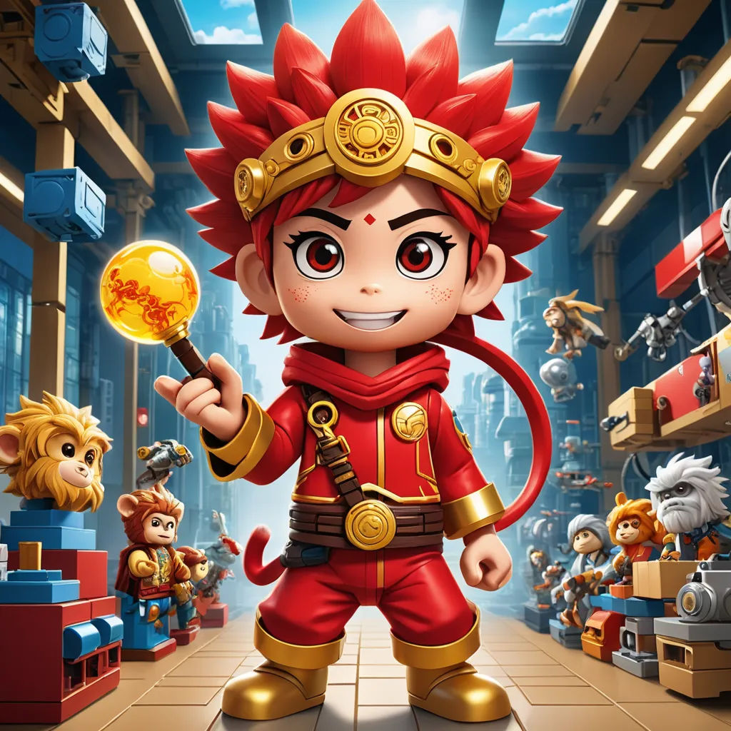 a cartoon character holding a golden ball in a room with other toys and toys on the floor in front of him, sots art, concept art, Dai Jin, promotional image