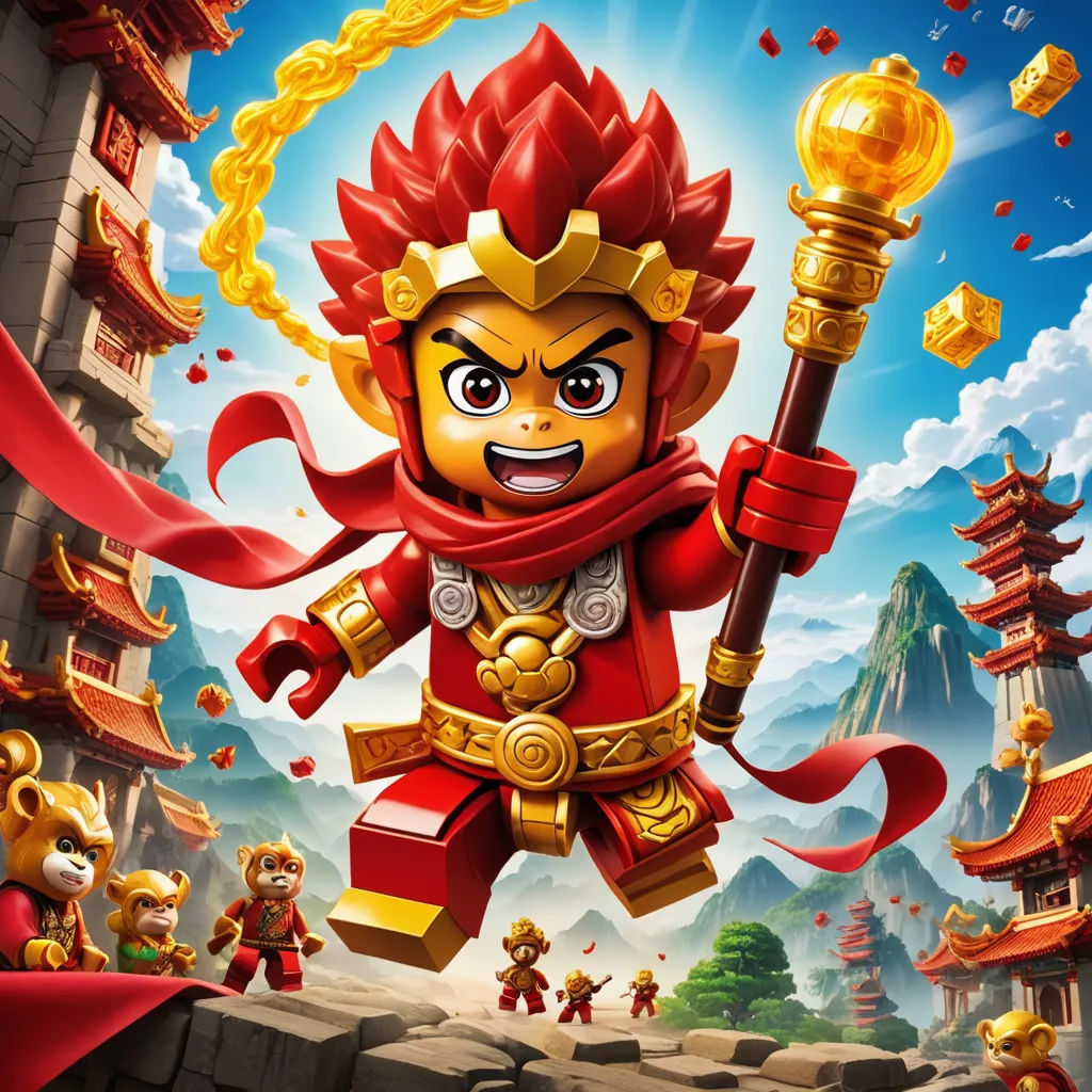 a cartoon character with a sword and a red outfit on a mountain background with a gold ring in his hand, sots art, concept art, Du Jin, key art